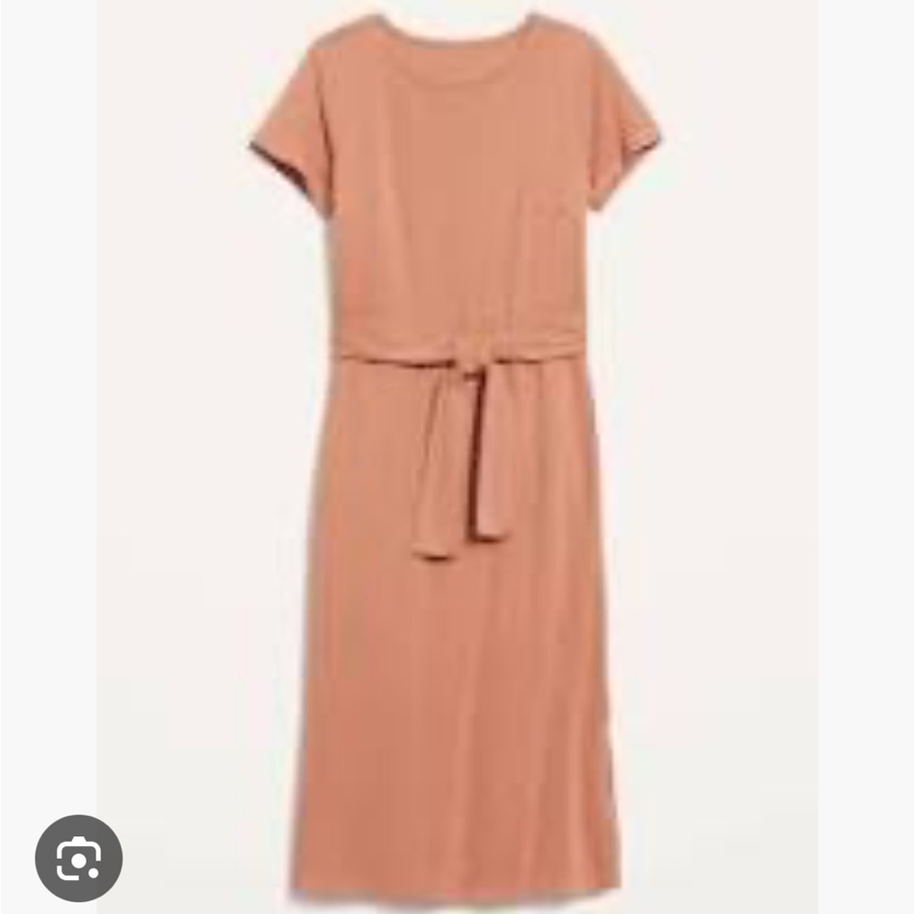 Old Navy Ponte-Knit Tie Waist Belt Midi Sheath Short Sleeve Dress Warm Hickory
